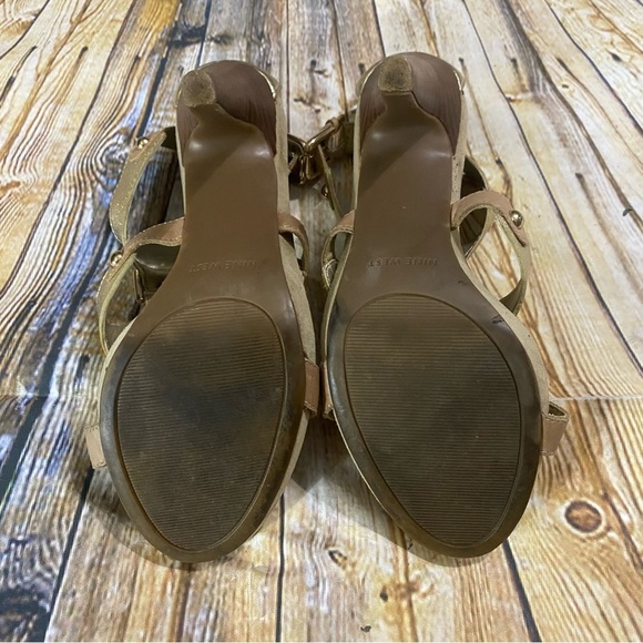 Nine West Snookso Gold Leather 4” Stiletto Open Toe Heels Size 6.5 - Picture 5 of 6